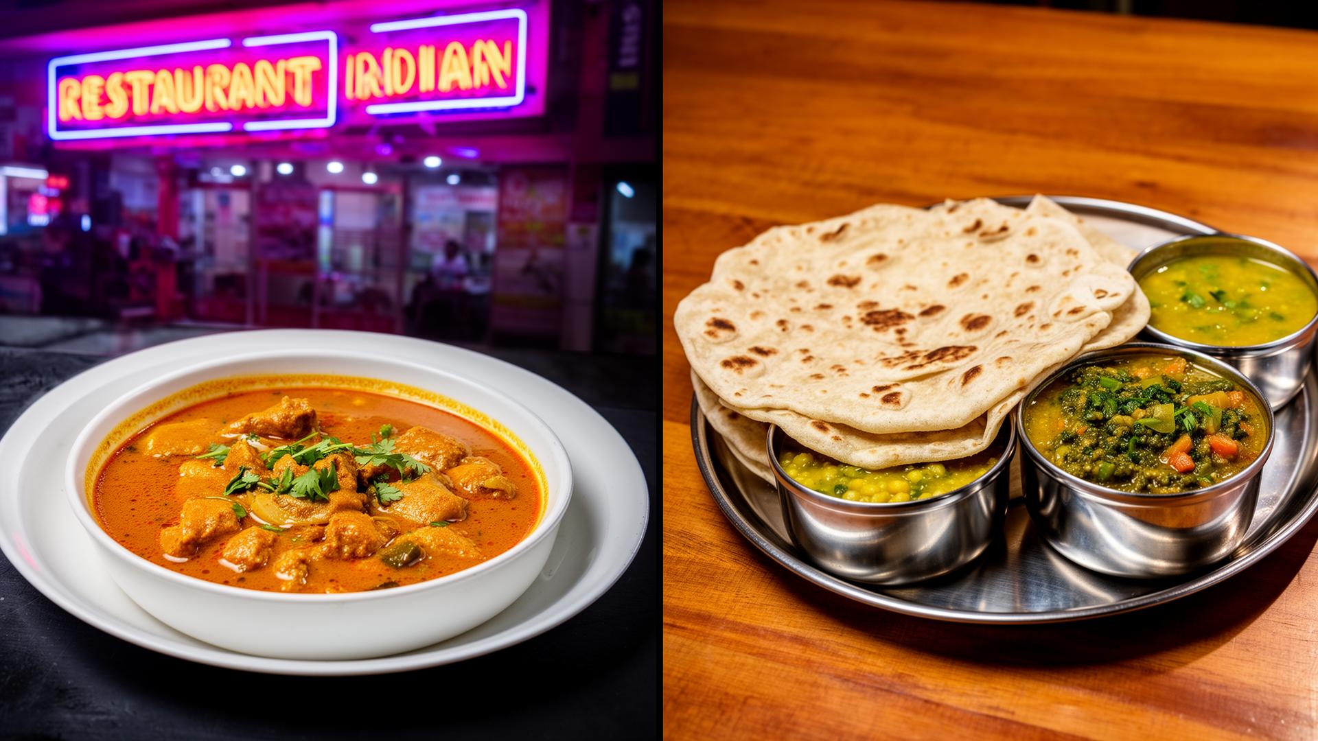 Restaurant curry plate next to a homemade steel-katori thali