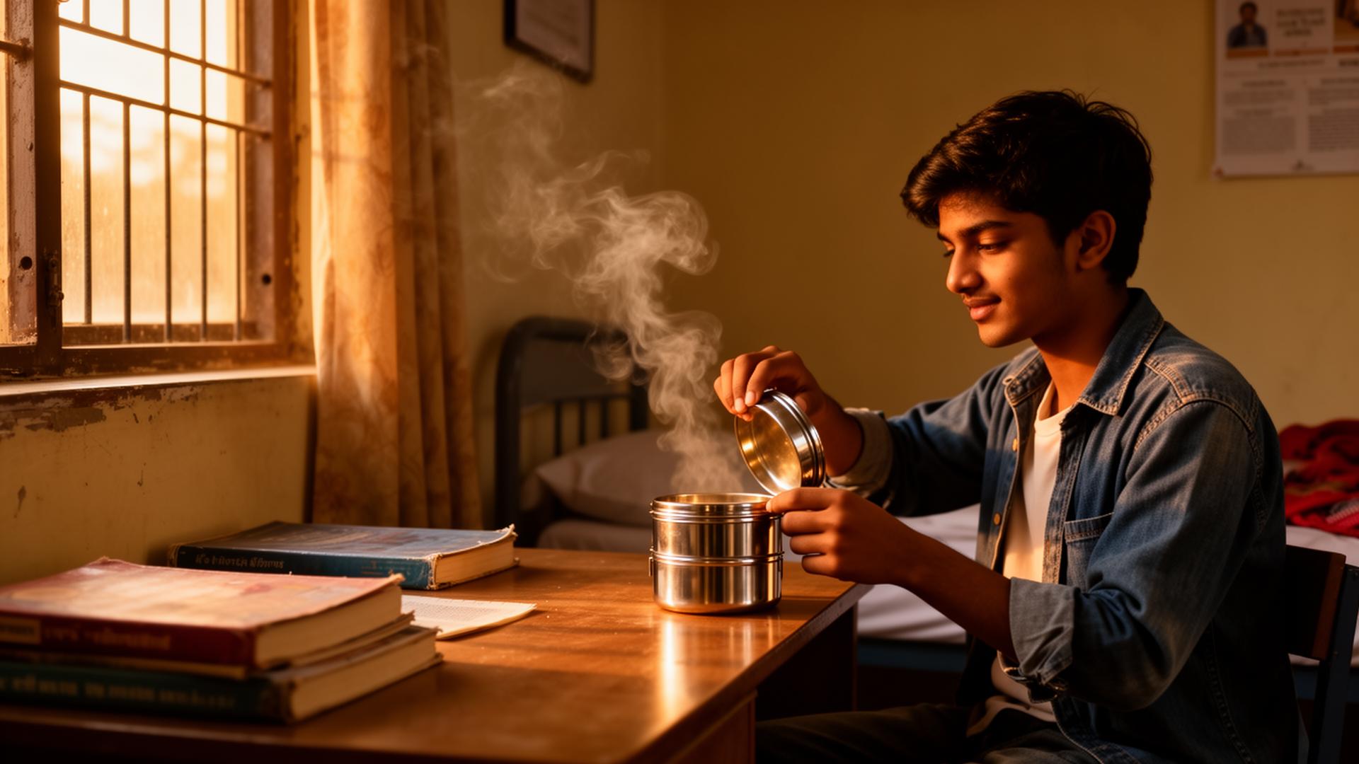 A college student in a Lucknow hostel room opening a steel tiffin box