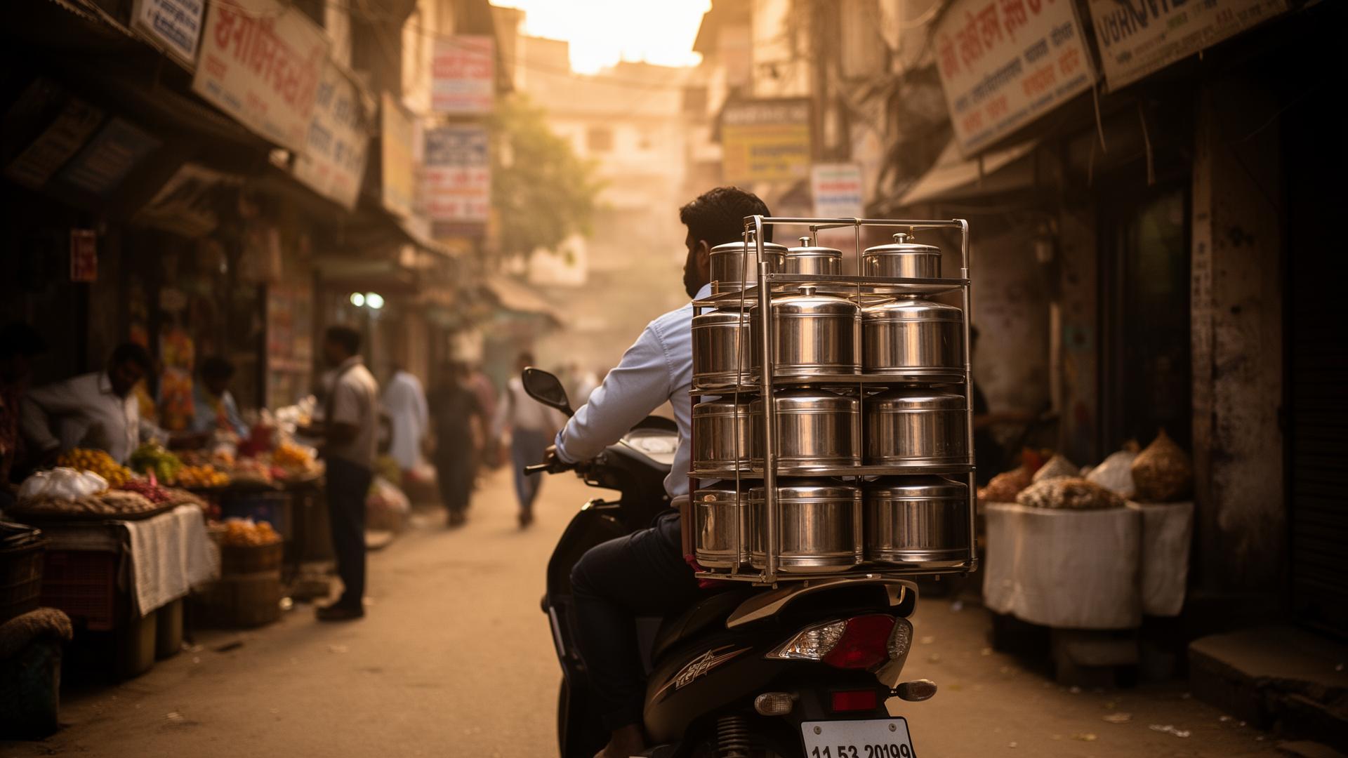 Delivery scooter loaded with steel tiffin carriers riding through a Lucknow lane