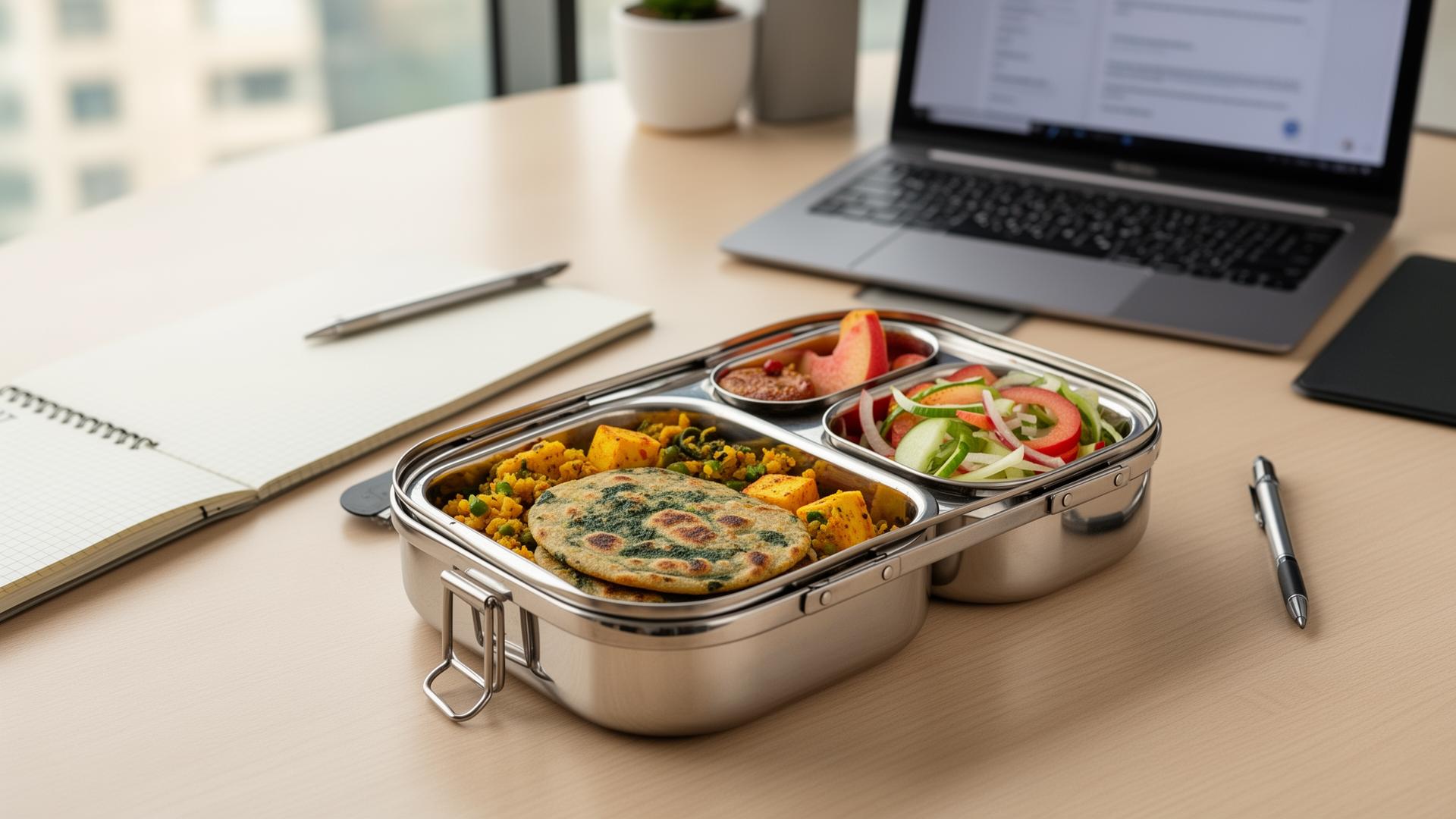 Steel tiffin box on an office desk with methi paratha, paneer bhurji and salad