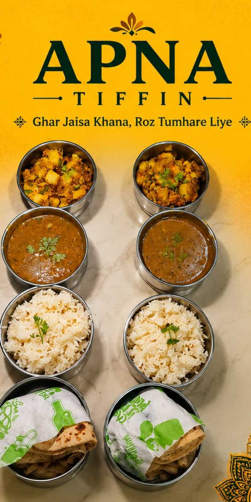 Real Apna Tiffin — sabzi, dal, rice and rotis in a steel tiffin stack